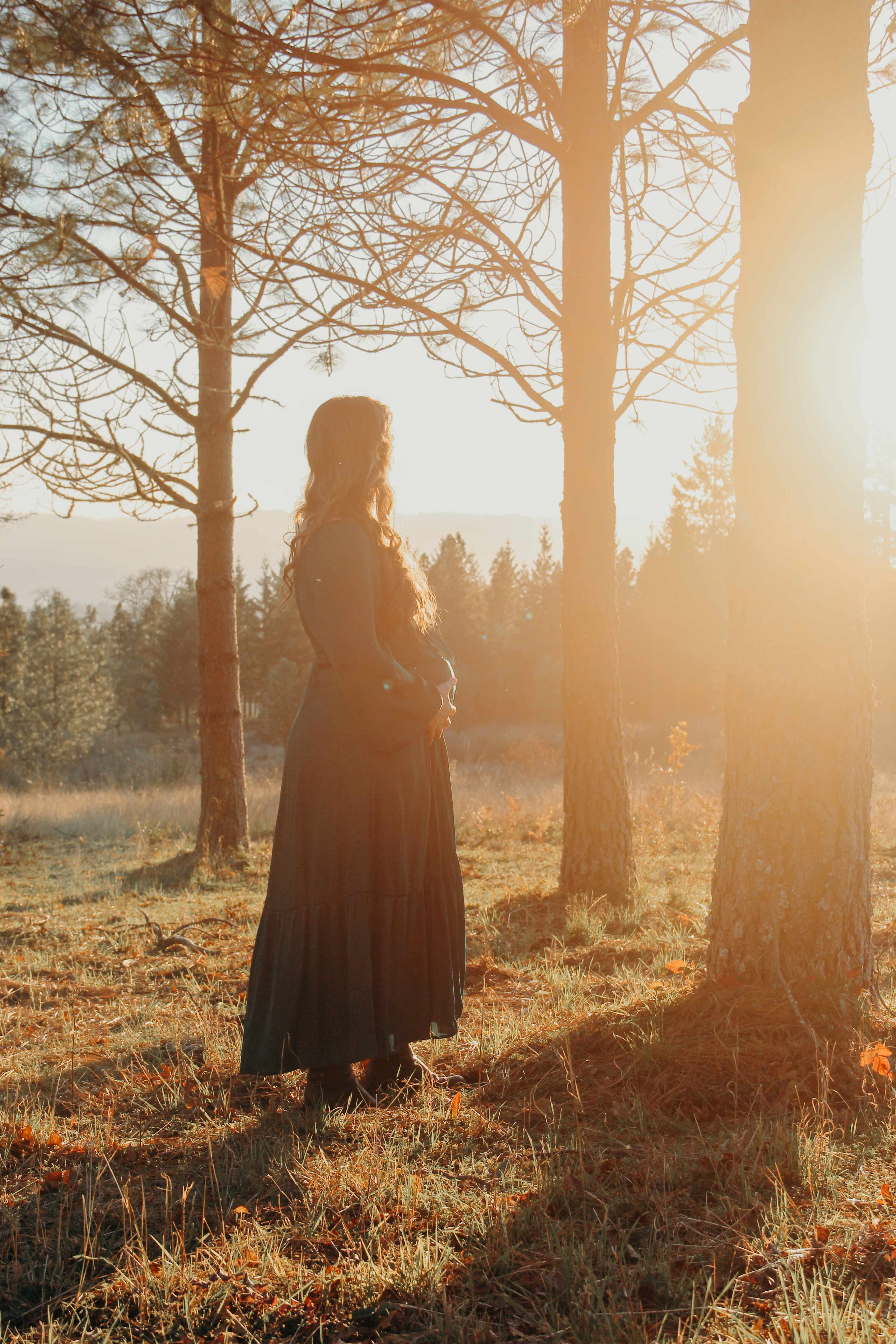 Maternity silhouette in forest at sunset